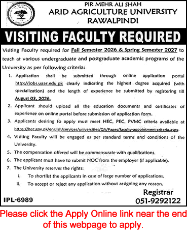 Visiting Faculty Jobs in Arid Agriculture University Rawalpindi July 2026 Apply Online AAUR Latest