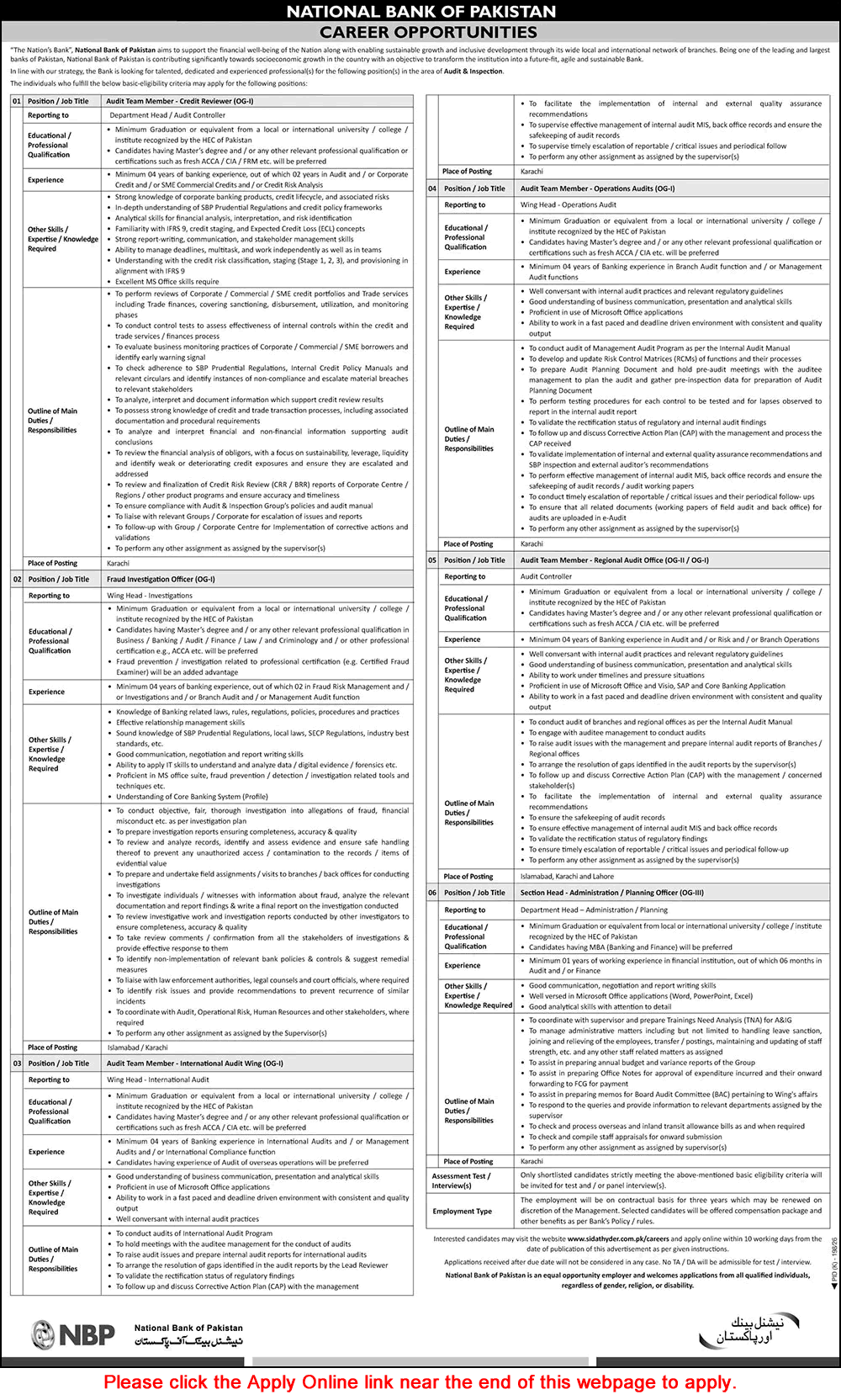 National Bank of Pakistan Jobs July 2026 Apply Online Audit Team Members & Others NBP Latest