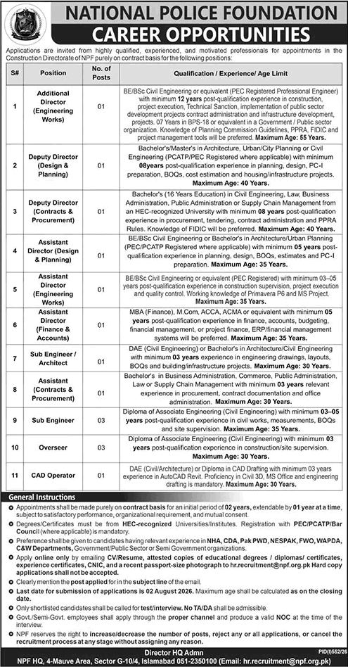 National Police Foundation Islamabad Jobs 2026 July Sub Engineers, Overseers & Others NPF Latest