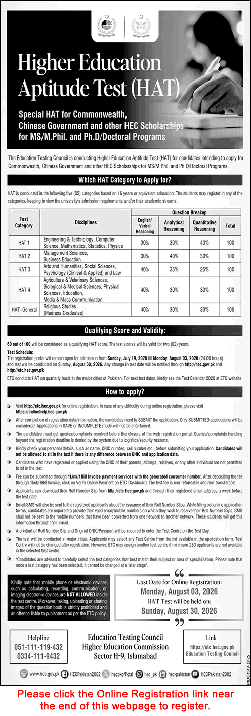 HEC Scholarships Aptitude Test 2026 July Apply Online for MS / MPhil / PhD Programmes HAT Latest