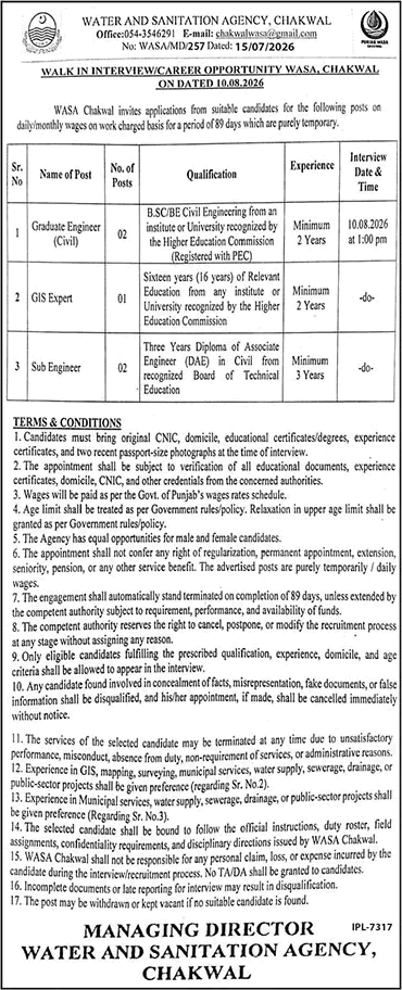 Water and Sanitation Agency Chakwal Jobs July 2026 Civil / Sub Engineers & GIS Expert WASA Walk in Interview Latest