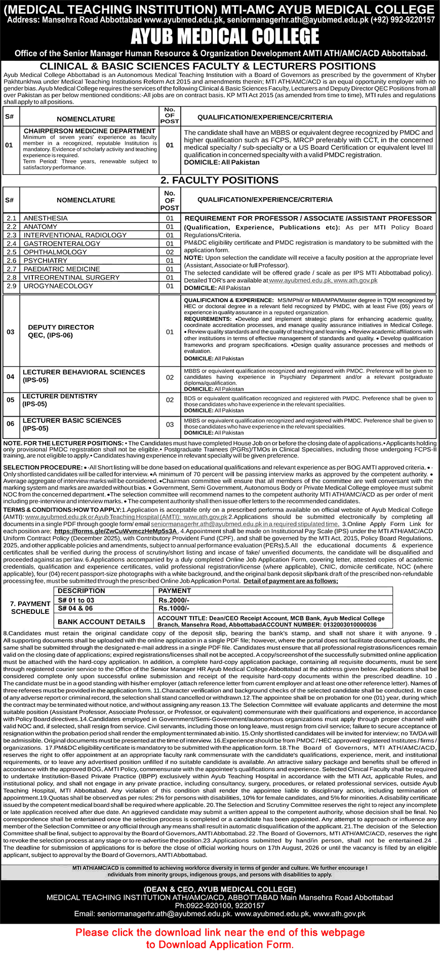 Ayub Medical College Abbottabad Jobs July 2026 August Application Form Teaching Faculty & Others AMC MTI Latest