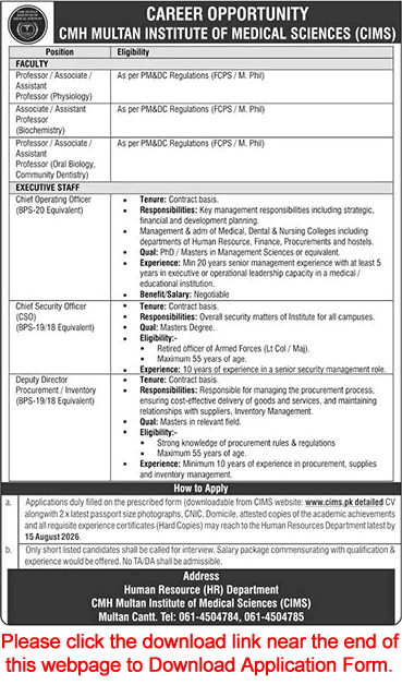 CMH Multan Institute of Medical Sciences Jobs July 2026 August Application Form Teaching Faculty & Others CIMS Latest