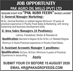 Pak Agro Feeds Jobs 2026 July / August Area Sales Managers & Others Latest
