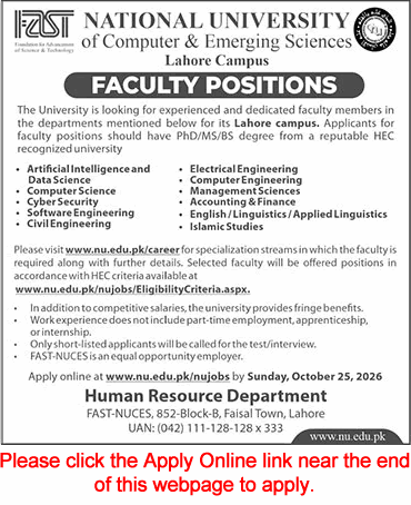 FAST University Lahore Jobs October 2026 Apply Online Teaching Faculty Latest