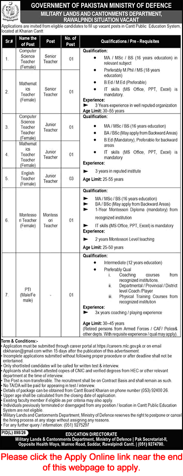 Cantt Public Education System Kharian Jobs 2026 October Apply Online Teachers & PTI ML&CD Latest